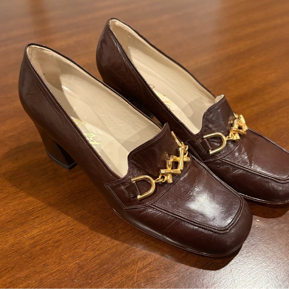 LOLITA MC Classic Brown Leather Gold Hardware Preppy Oxford Loafer Heel Shoes